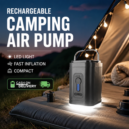 🏕️ Pompe à air rechargeable pour le camping – Éclairage LED, gonflage rapide, compacte 🔋