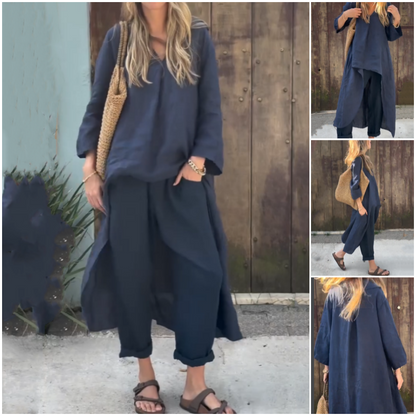 Ensemble deux pièces composé d'un haut et d'un pantalon avec un ourlet haut-bas de couleur unie（🔥50% de réduction）