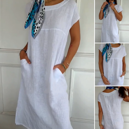 Robe femme à manches courtes et col rond en lin et coton（🔥50% de réduction）