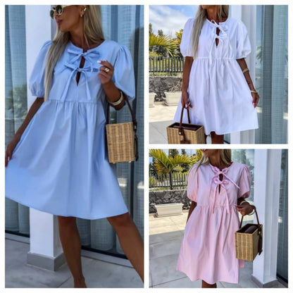 🌴Summer Specials🎀robe de femme unie à la mode avec nœud sur le devant et manches bouffantes