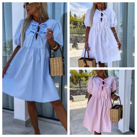 🌴Summer Specials🎀robe de femme unie à la mode avec nœud sur le devant et manches bouffantes