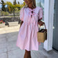 🌴Summer Specials🎀robe de femme unie à la mode avec nœud sur le devant et manches bouffantes