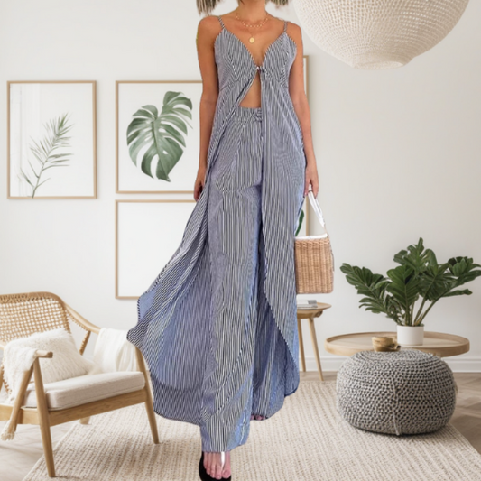 Ensemble à Rayures pour Femme ：Haut Long Sans Manches Fendu et Pantalon