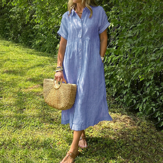 🔥VENTE DU DERNIER JOUR 50% DE RÉDUCTION🔥Robe chemise rayée à revers et à boutons, avec poches fonctionnelles