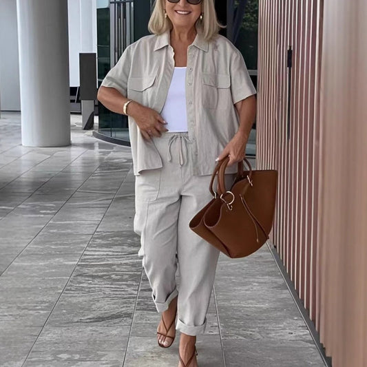 🌈Chemise à manches courtes et pantalon large en coton et lin