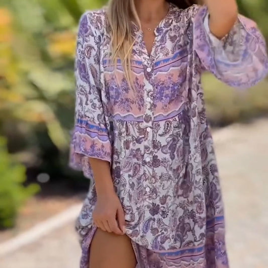 🔥50% de réduction pour une durée limitée !🔥👗Ladies Floral V-Neck Dress (robe à col en V)