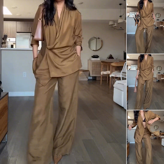 ✨Ensemble 2 Pièces pour Femme – Haut à Col en V et Pantalon Long à Jambes Larges