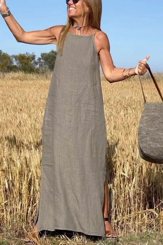 🎀 Mujer Casual Color Sólido Halter Vestido Sin Mangas Lino