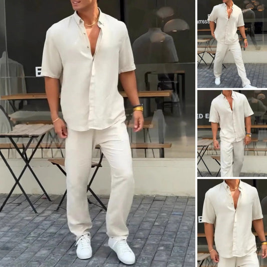 ✨Vente chaude 50 % de réduction✨Hommes Chemises à manches courtes à revers unis ＆ Pantalons-ensemble de 2 pièces👔