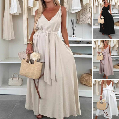 🎀 Robe longue à bretelles spaghetti avec ceinture à la taille pour femme ✨