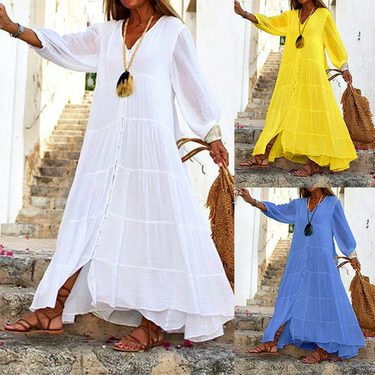 💕Réduction limitée à 50 %💕Robe longue ample à col en V pour femmes