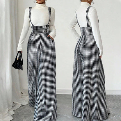 📢📢60 % DE RÉDUCTION !! ⏰ Pantalon Taille Haute à Bretelles Motif Pied-de-Poule – Coupe Large, Élégance Vintage & Silhouette Allongée 🎀👖