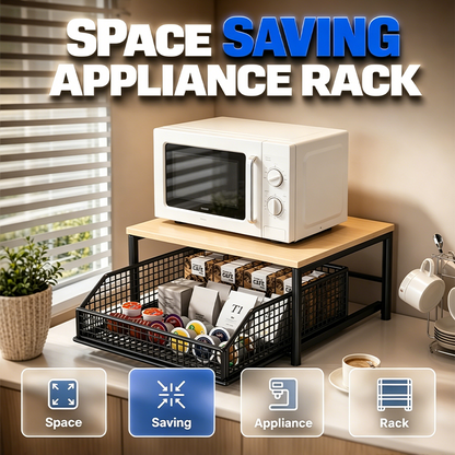 🏠 50% DE RÉDUCTION! 🍳 Support Micro-Ondes 2 niveaux – Avec tiroir coulissant, gain de place & robuste – Idéal pour la cuisine, le bureau ou le dortoir ✨